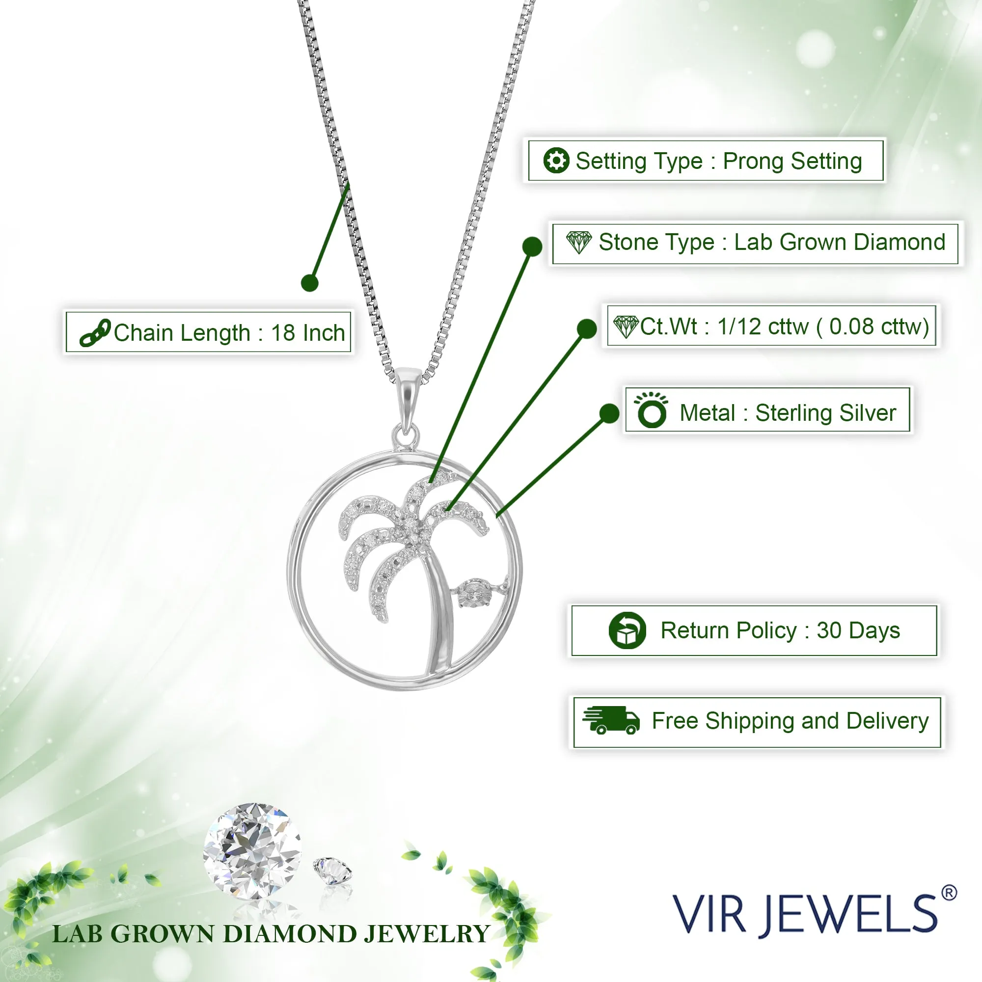 1/12 cttw Lab Grown Diamond Tree Pendant Necklace .925 Sterling Silver 3/4 Inch With 18 Inch Chain