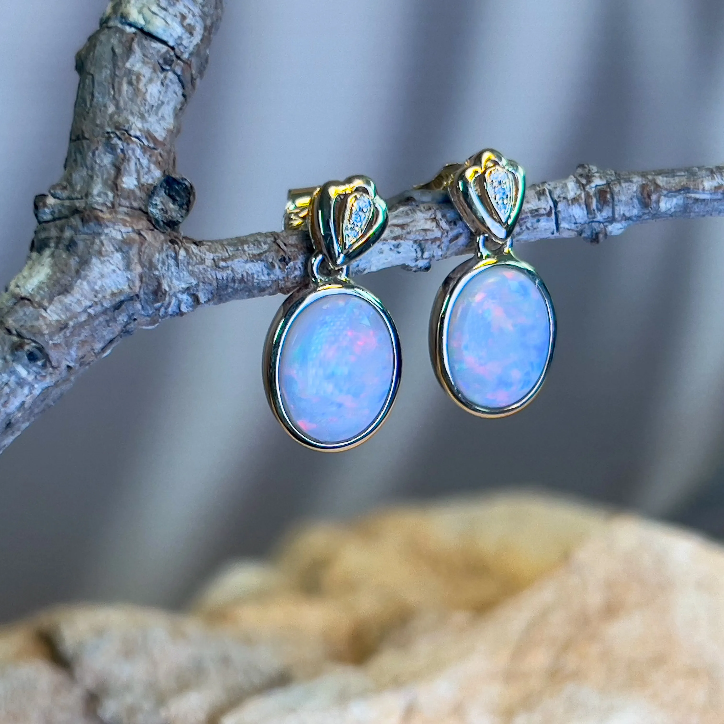 14kt Yellow Gold Oval Dark Opal 2.08ct bezel set earring drops