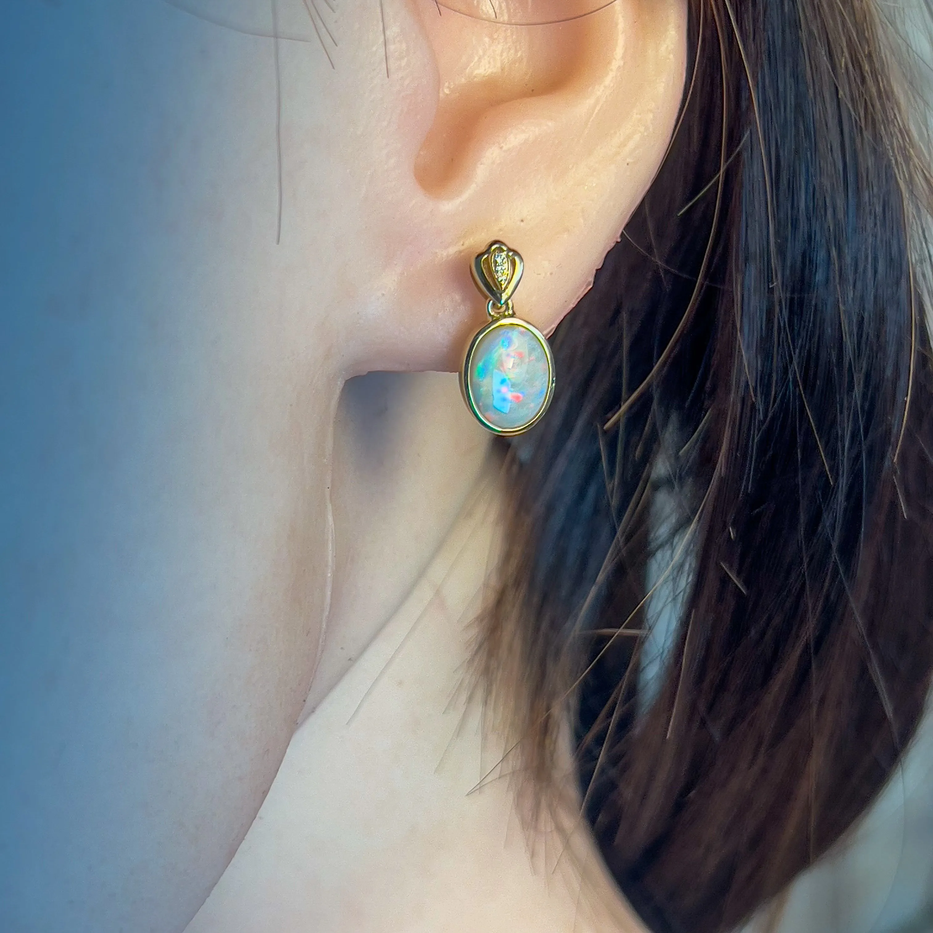 14kt Yellow Gold Oval Dark Opal 2.08ct bezel set earring drops