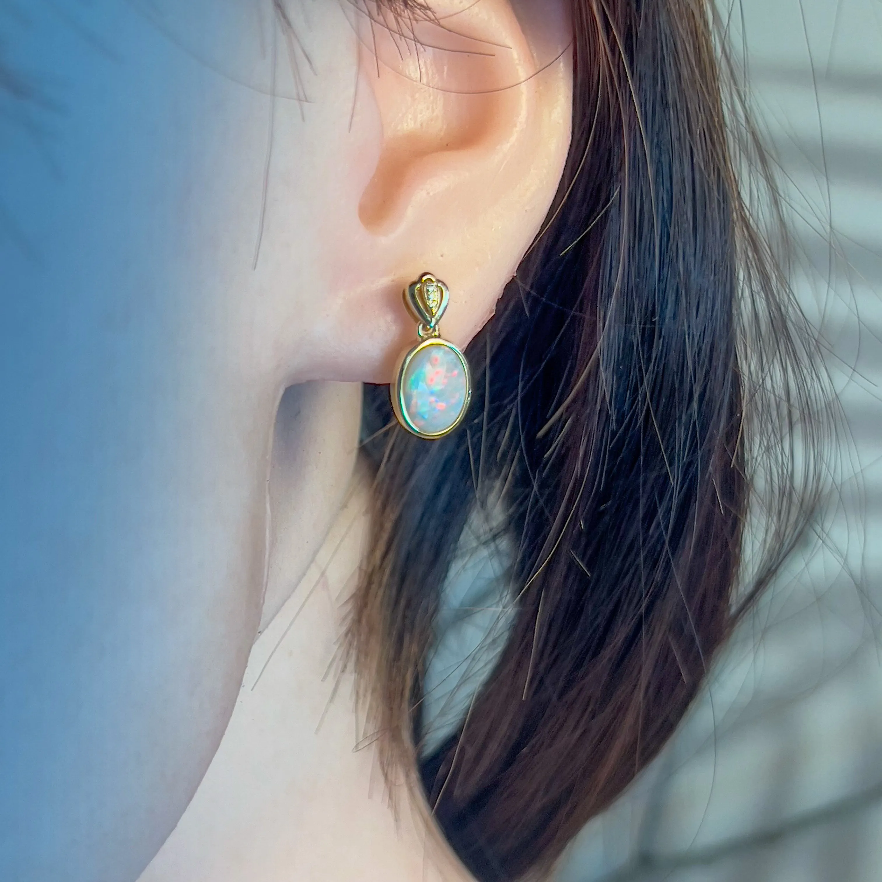 14kt Yellow Gold Oval Dark Opal 2.08ct bezel set earring drops