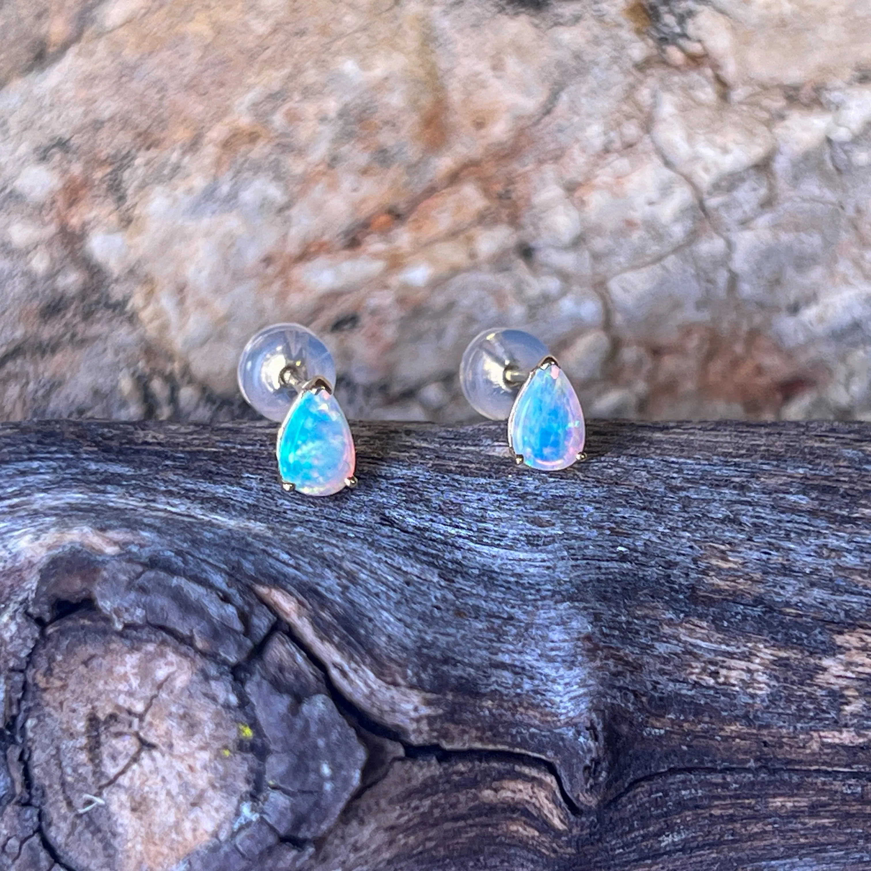 14kt Yellow Gold Pear shape 6x4mm Opal crystal studs
