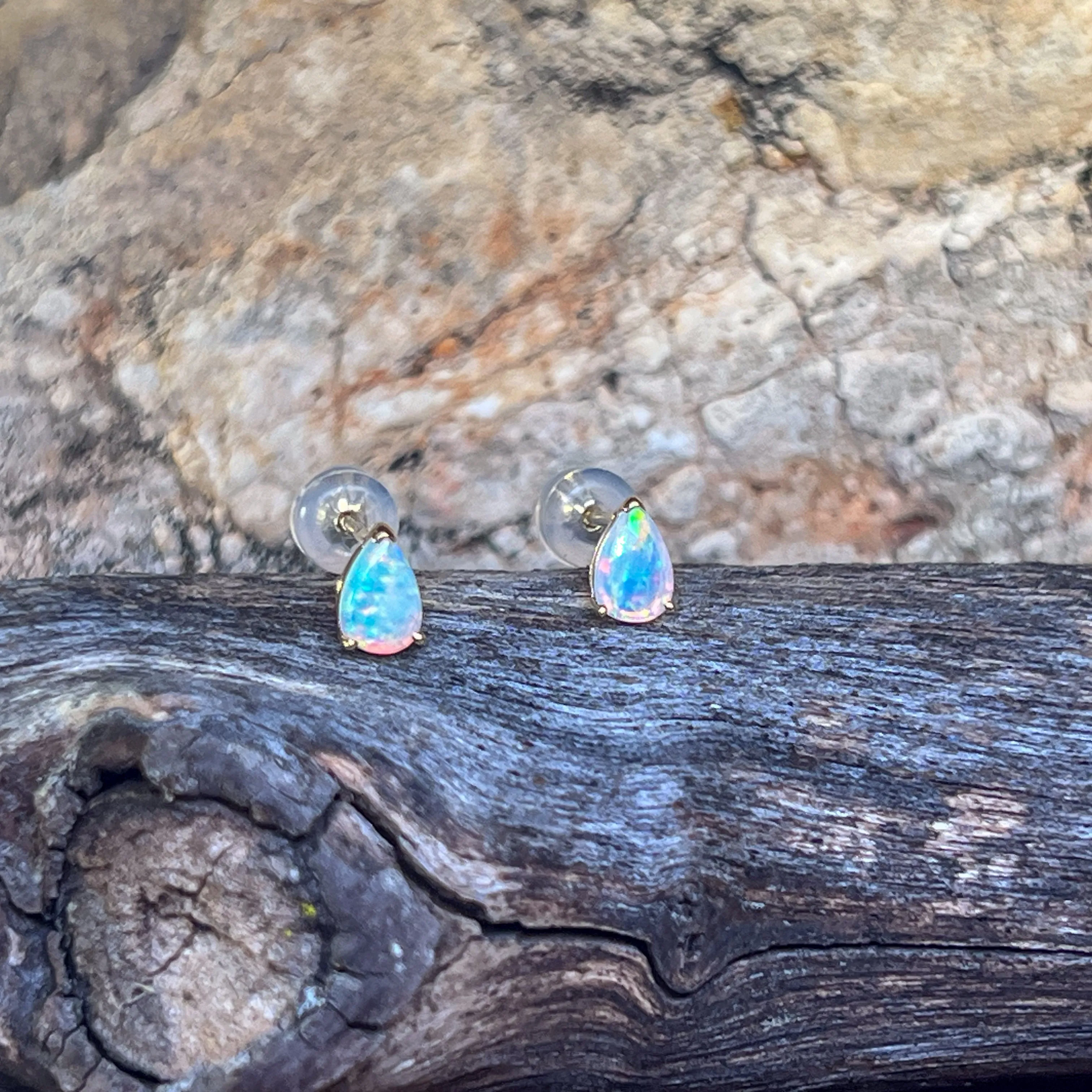14kt Yellow Gold Pear shape 6x4mm Opal crystal studs