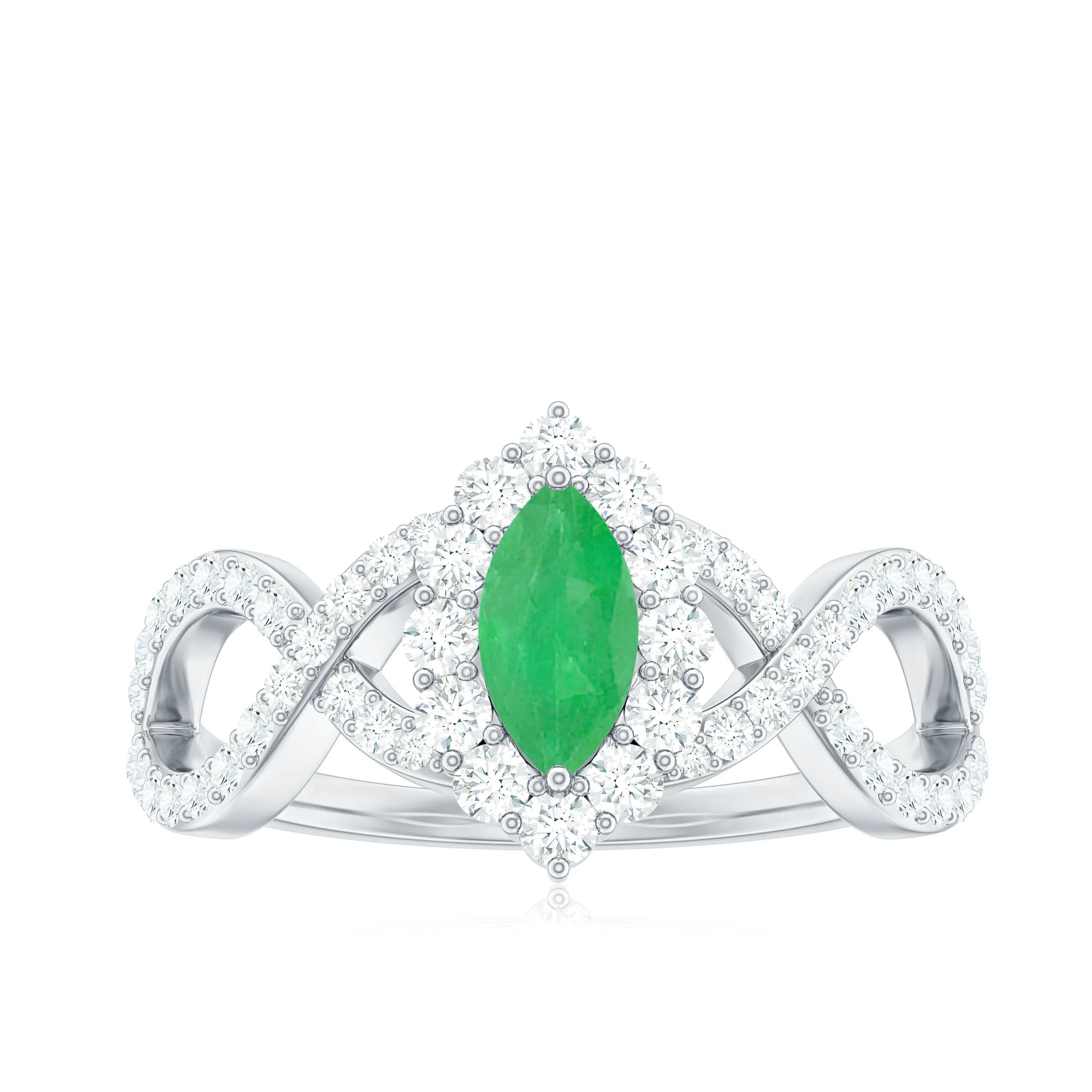 1.50 CT Marquise Emerald Crossover Engagement Ring with Diamond Halo