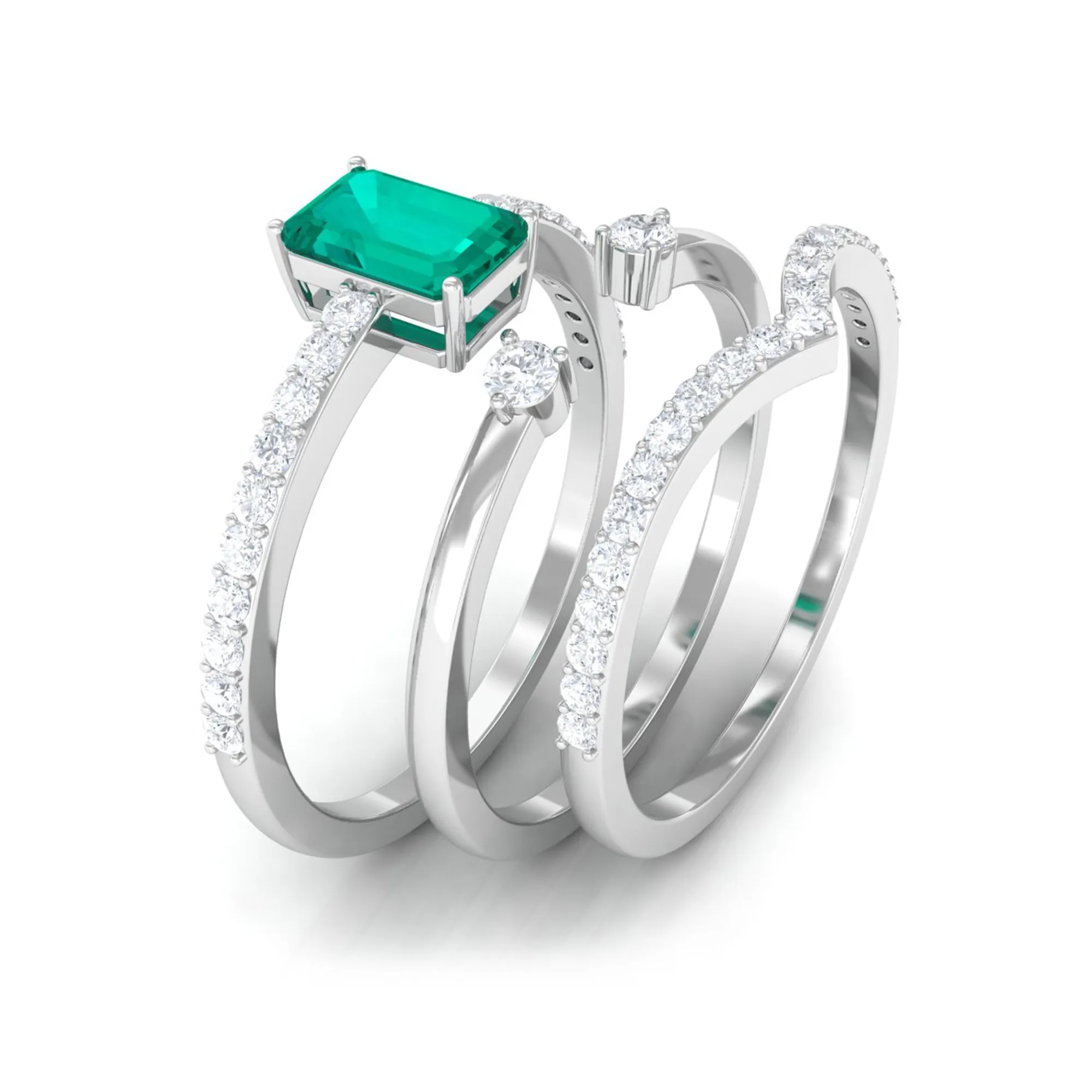 1.50 CT Octagon shape Emerald Solitaire Ring Set of 3 with Diamond