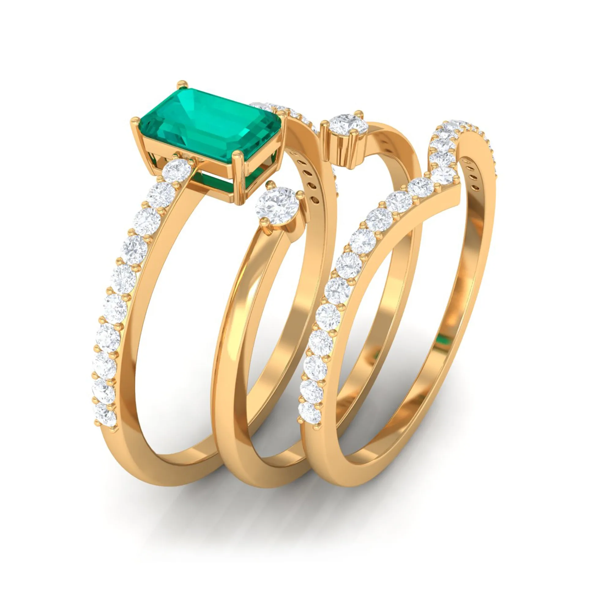 1.50 CT Octagon shape Emerald Solitaire Ring Set of 3 with Diamond