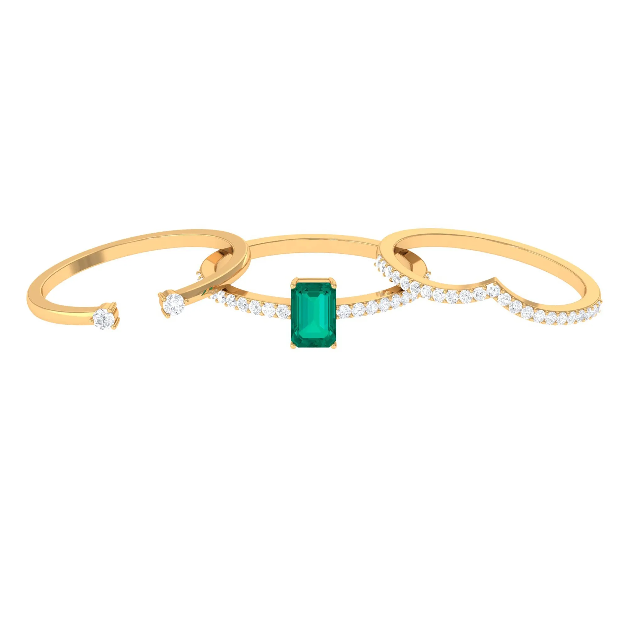 1.50 CT Octagon shape Emerald Solitaire Ring Set of 3 with Diamond