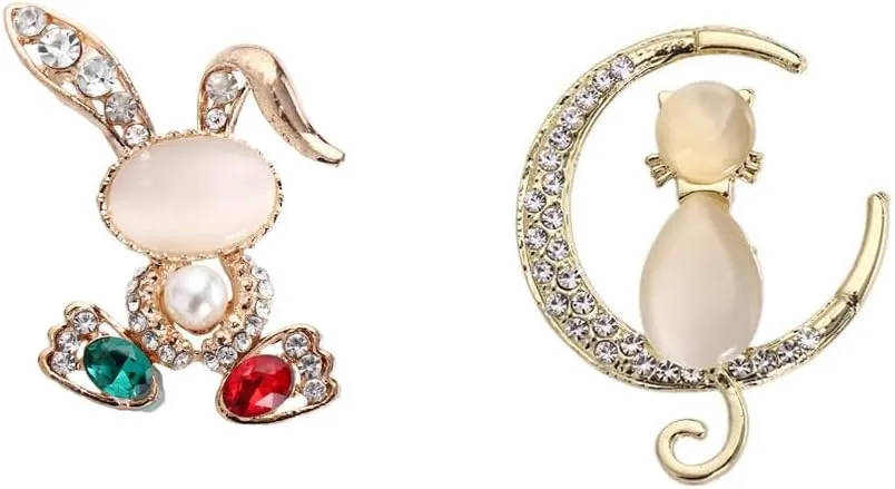 2 Pack Cute Cat Brooches Rhinestone Pearl Opals Enamel Animal Brooch Pin Elegant Crystal Rabbit Brooch Clothes Accessories Jewelry Gifts
