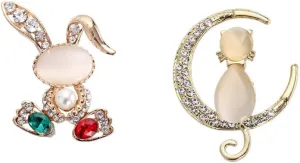 2 Pack Cute Cat Brooches Rhinestone Pearl Opals Enamel Animal Brooch Pin Elegant Crystal Rabbit Brooch Clothes Accessories Jewelry Gifts