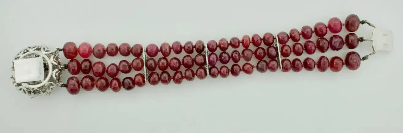 225 Carats Ruby Bead and Diamond Bracelet in White Gold
