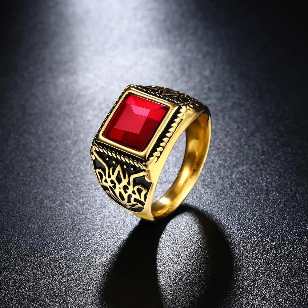 316L Stainless Steel Red Emerald Cut Goldtone Class Ring