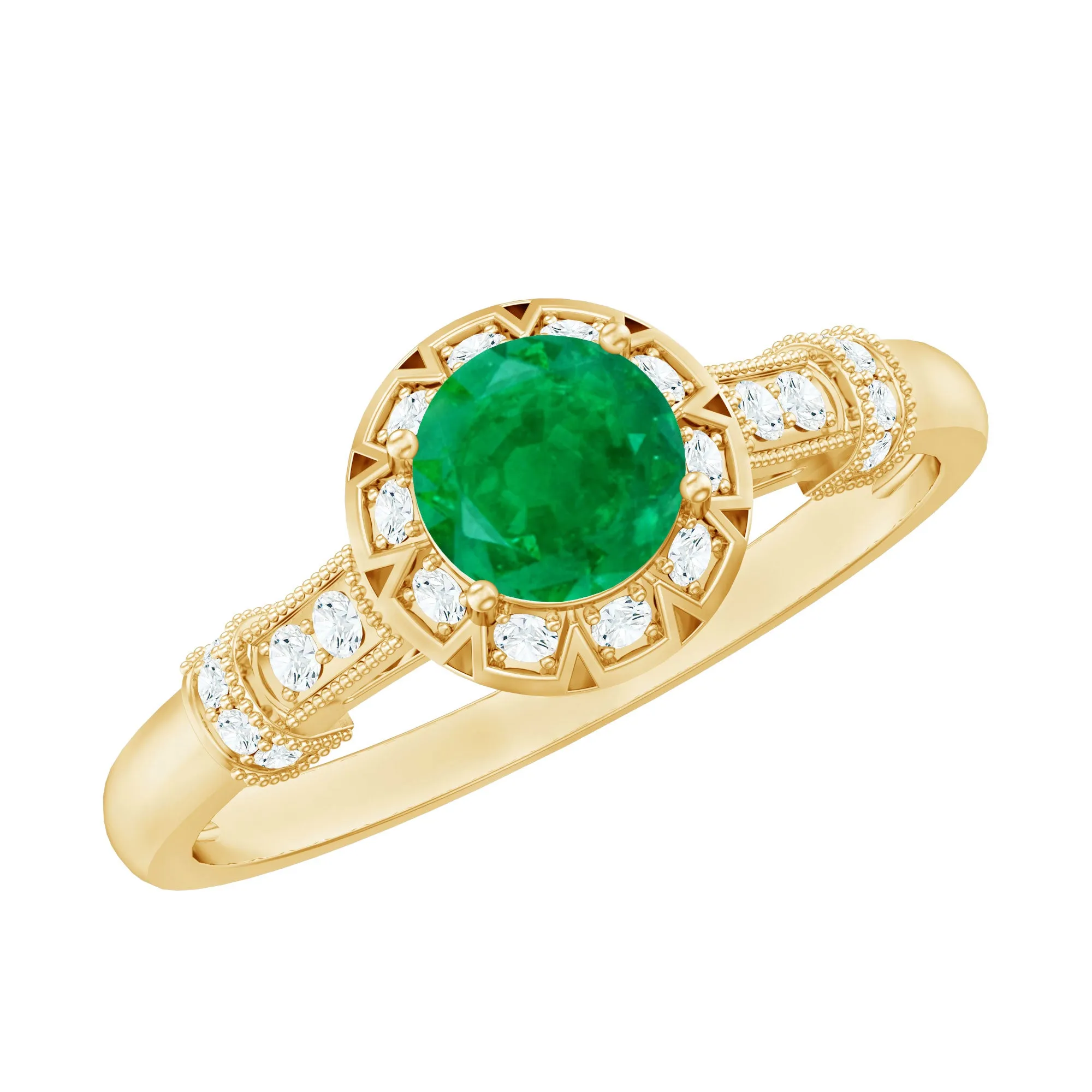 3/4 CT Vintage Inspired Emerald Engagement Ring with Diamond