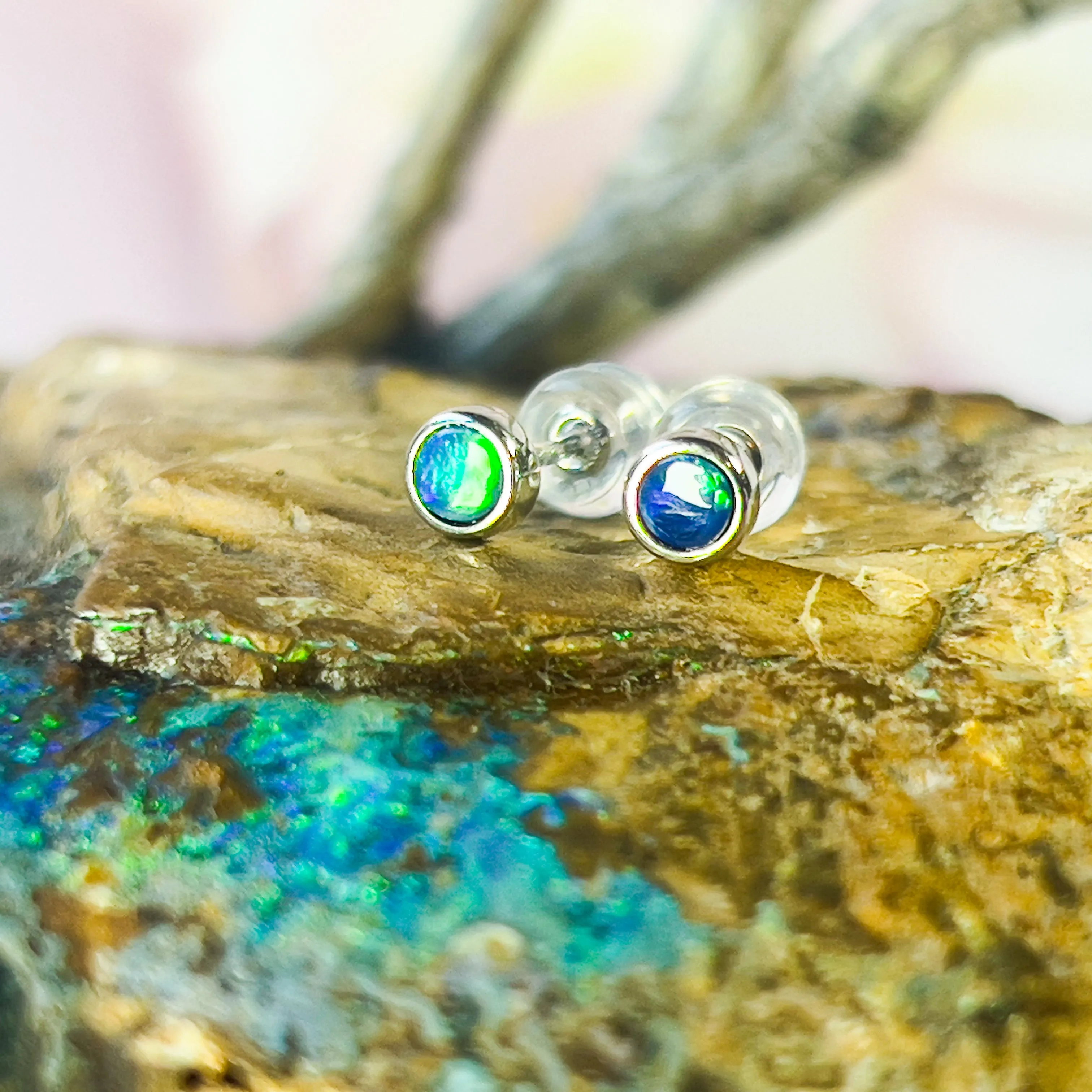 9Kt White Gold 4mm Opal Doublet Studs - Handmade Opal Earrings, Dainty & Minimalist, Ideal Gift for Her & Birthstone Accessory