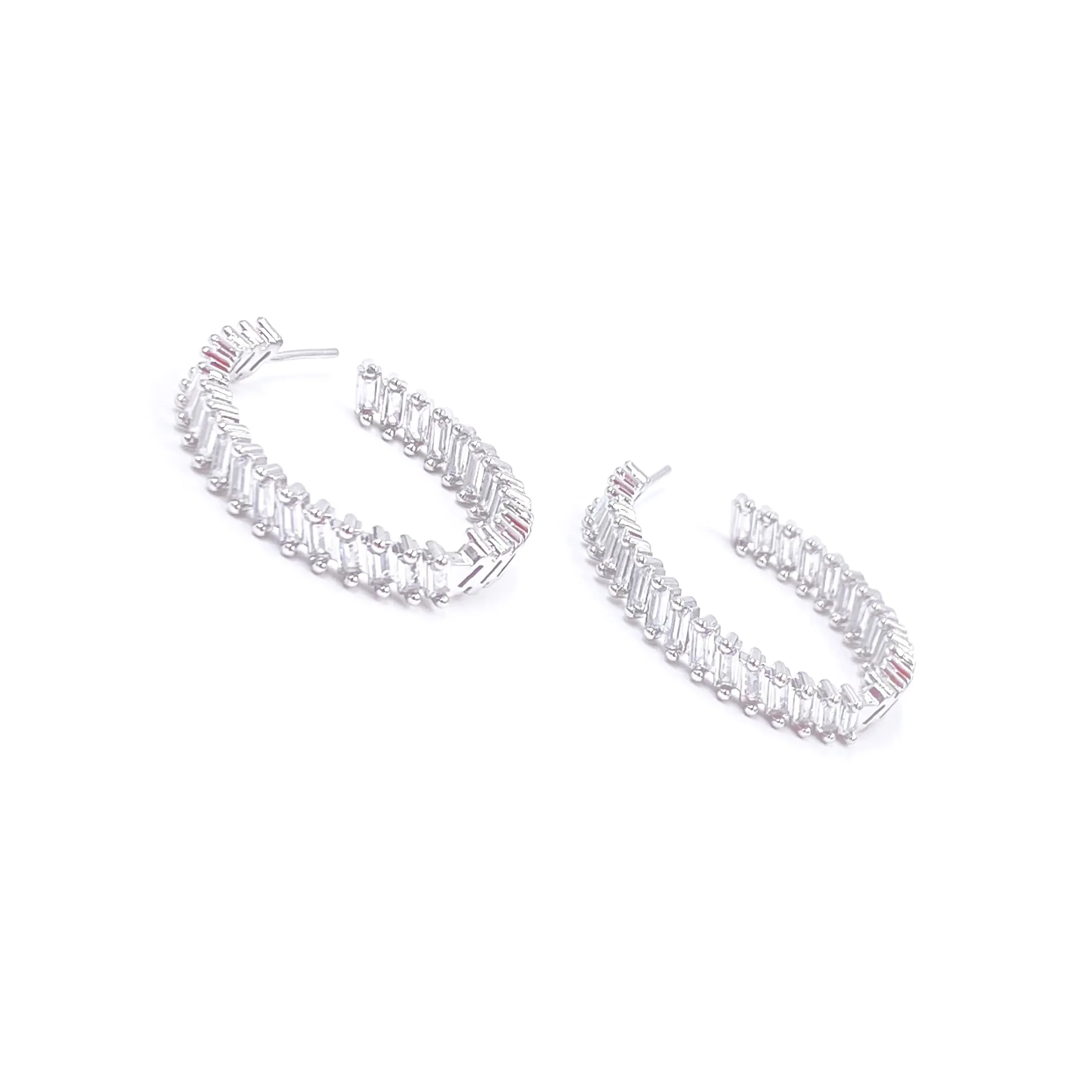Ashley Gold Stainless Steel Inside/Outside Prong CZ Baguette Design 1.5" Hoop Earrings