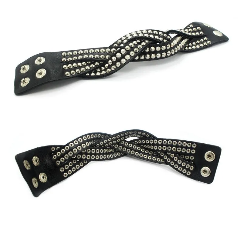 Black Leather Wrap Bracelet w/ Round Silver Studs