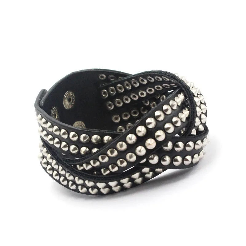 Black Leather Wrap Bracelet w/ Round Silver Studs