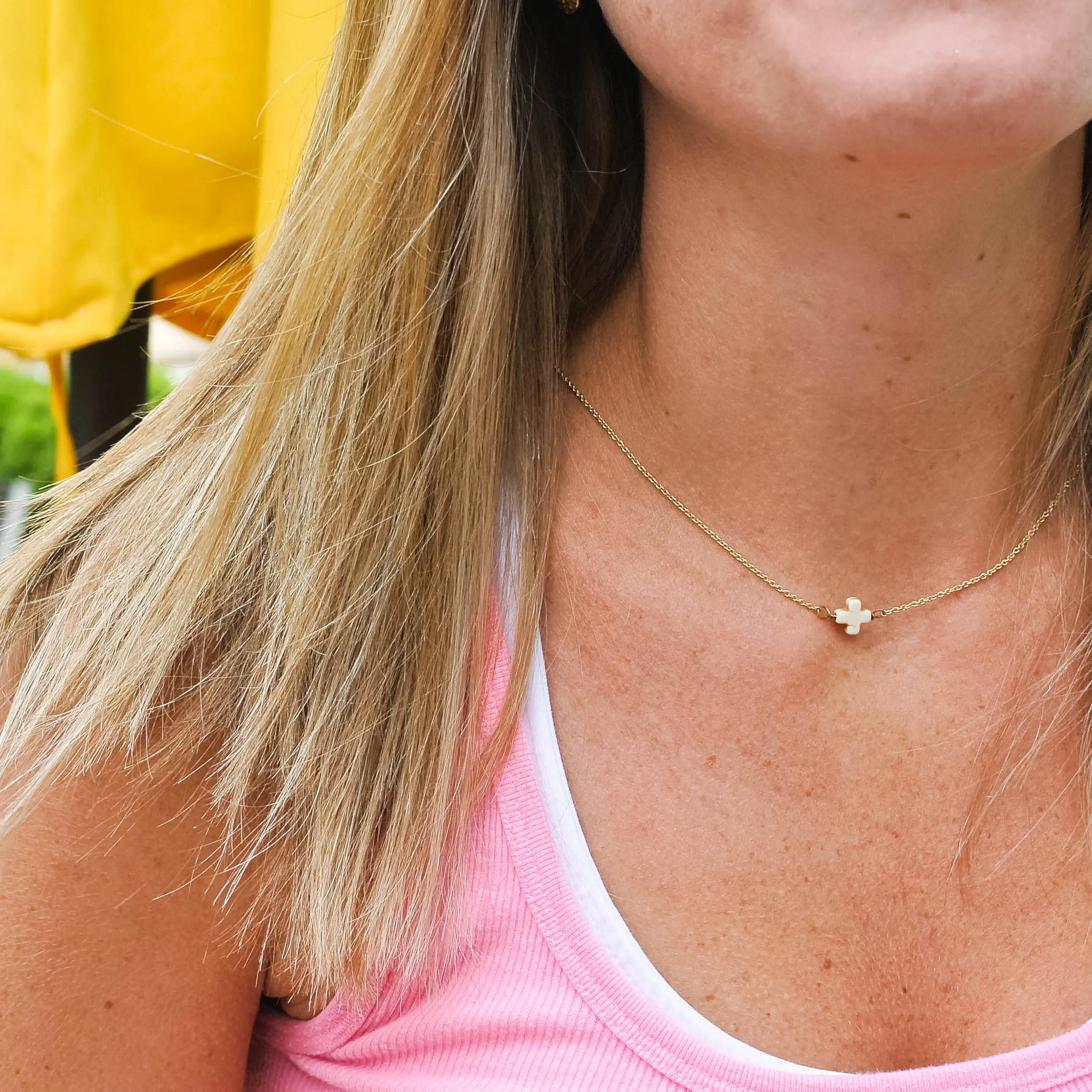 Bone Stone Cross 14K Dipped Gold Necklace