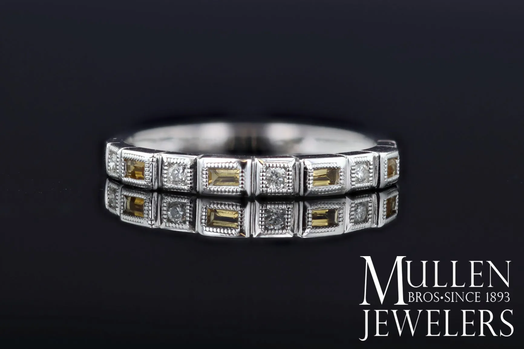 Citrine Birthstone Diamond And Emerald Cut Ring 10K White Gold