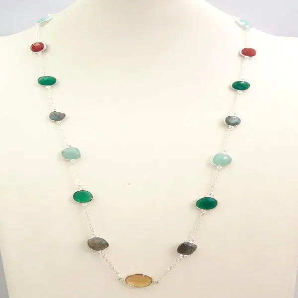 Citrine, Labradorite, Green Agate, Chalcedony and Red Carnelian Jeweled Chain Necklace