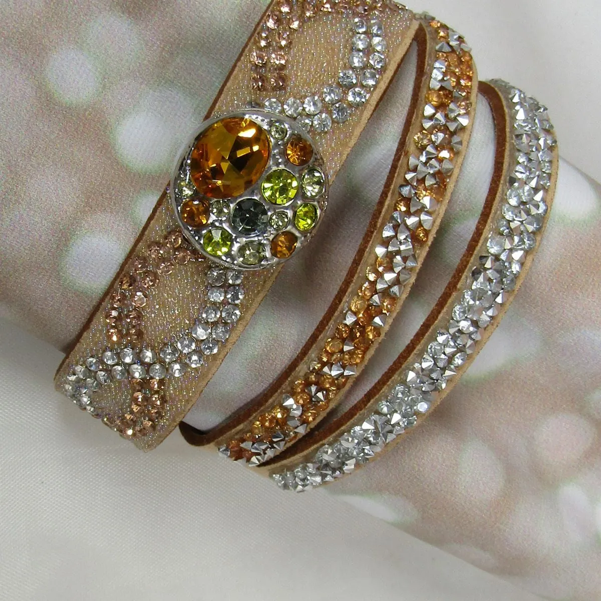 Crystal & Rhinestone Wrap Leather Cuff Bracelet