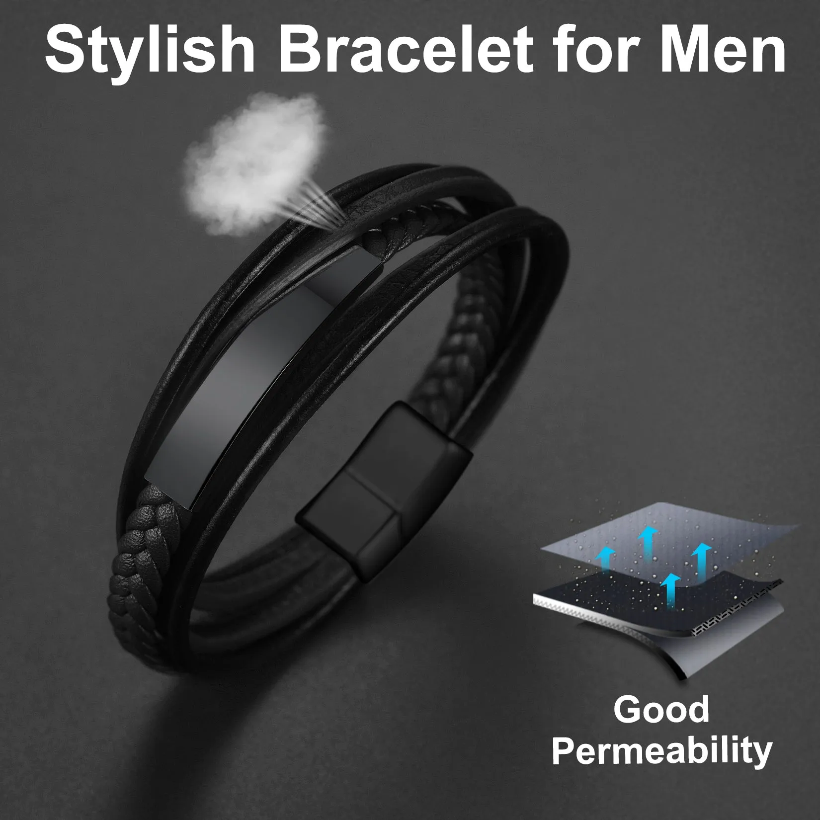 Custom ID Braided Leather Bracelet for Men Son Dad Husband