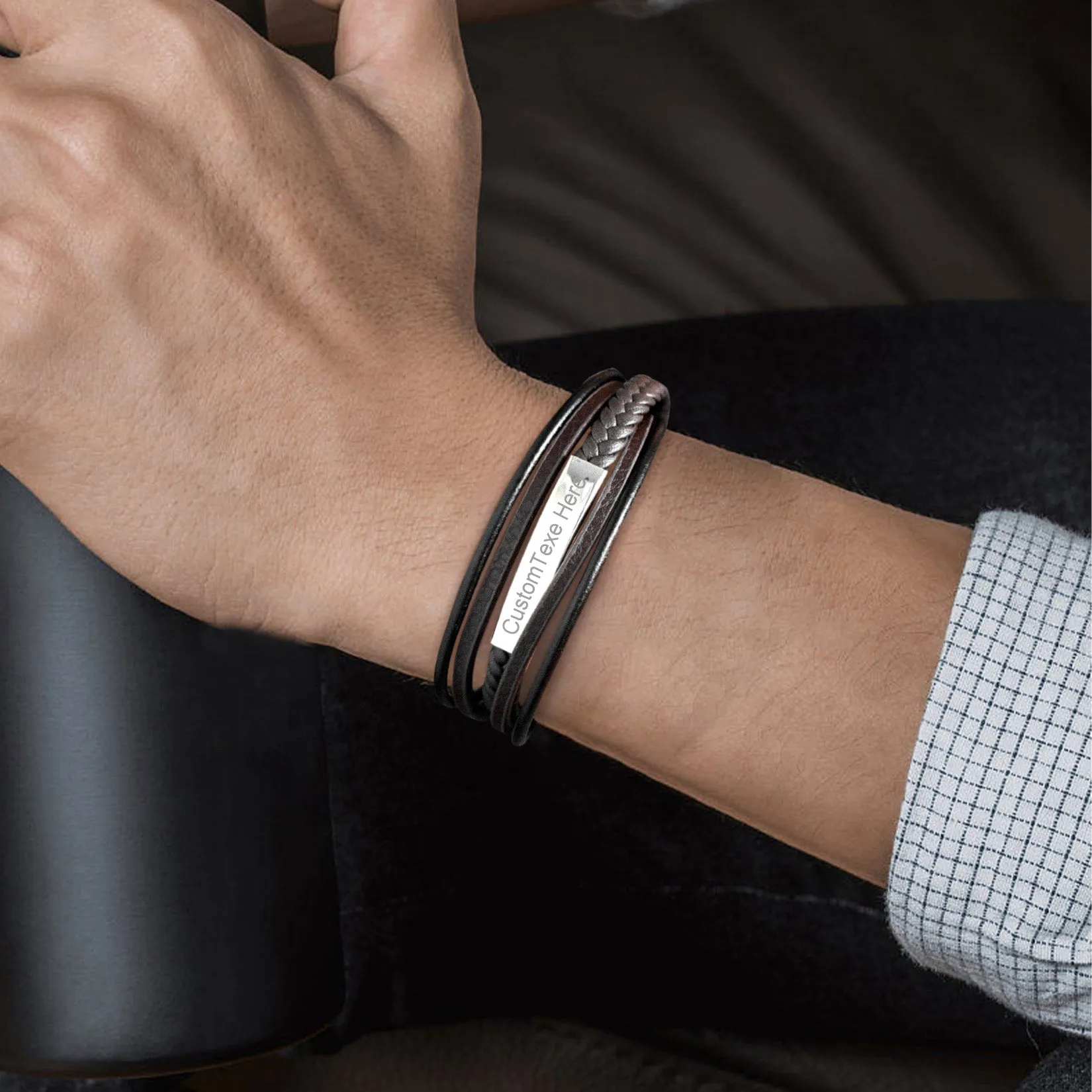 Custom ID Braided Leather Bracelet for Men Son Dad Husband