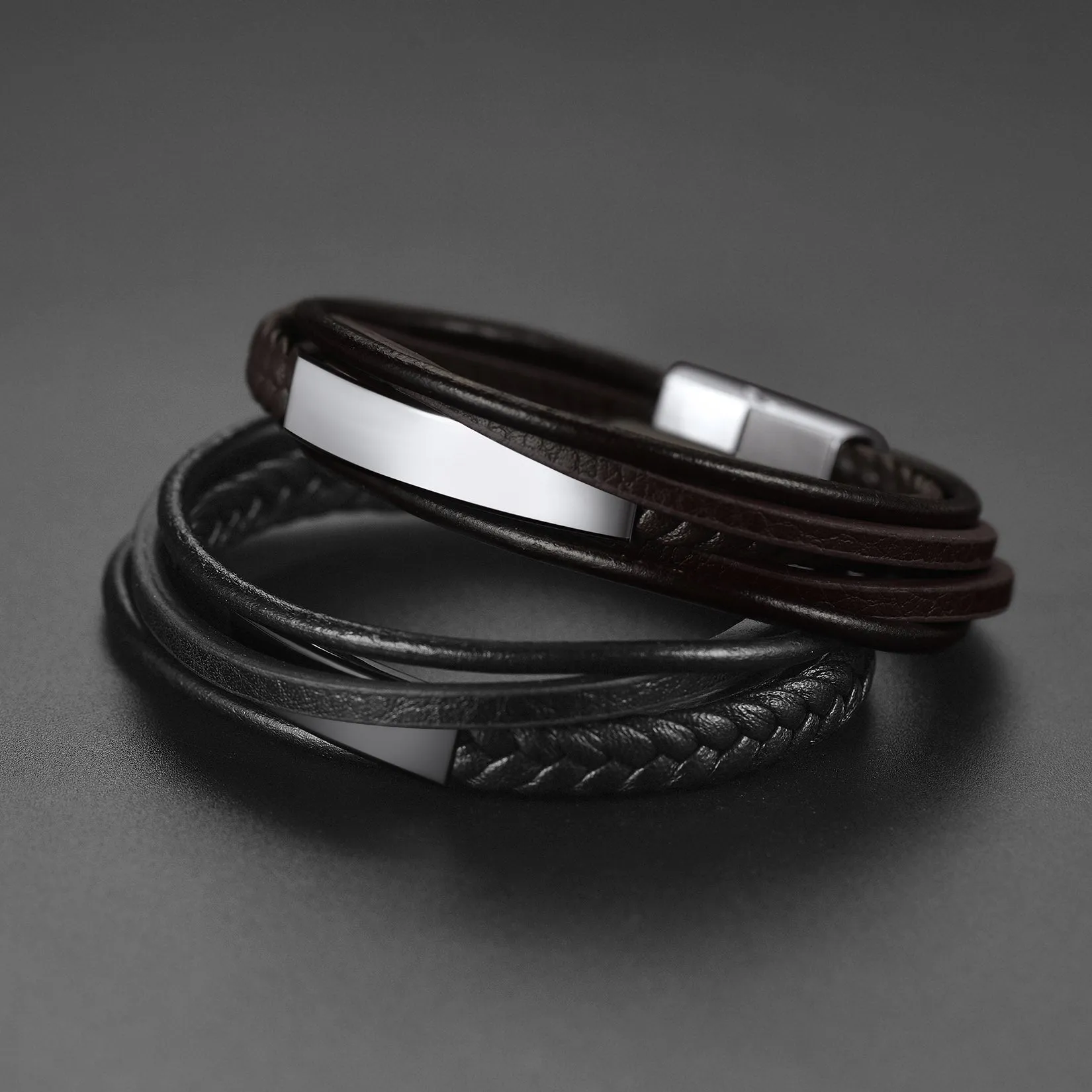 Custom ID Braided Leather Bracelet for Men Son Dad Husband