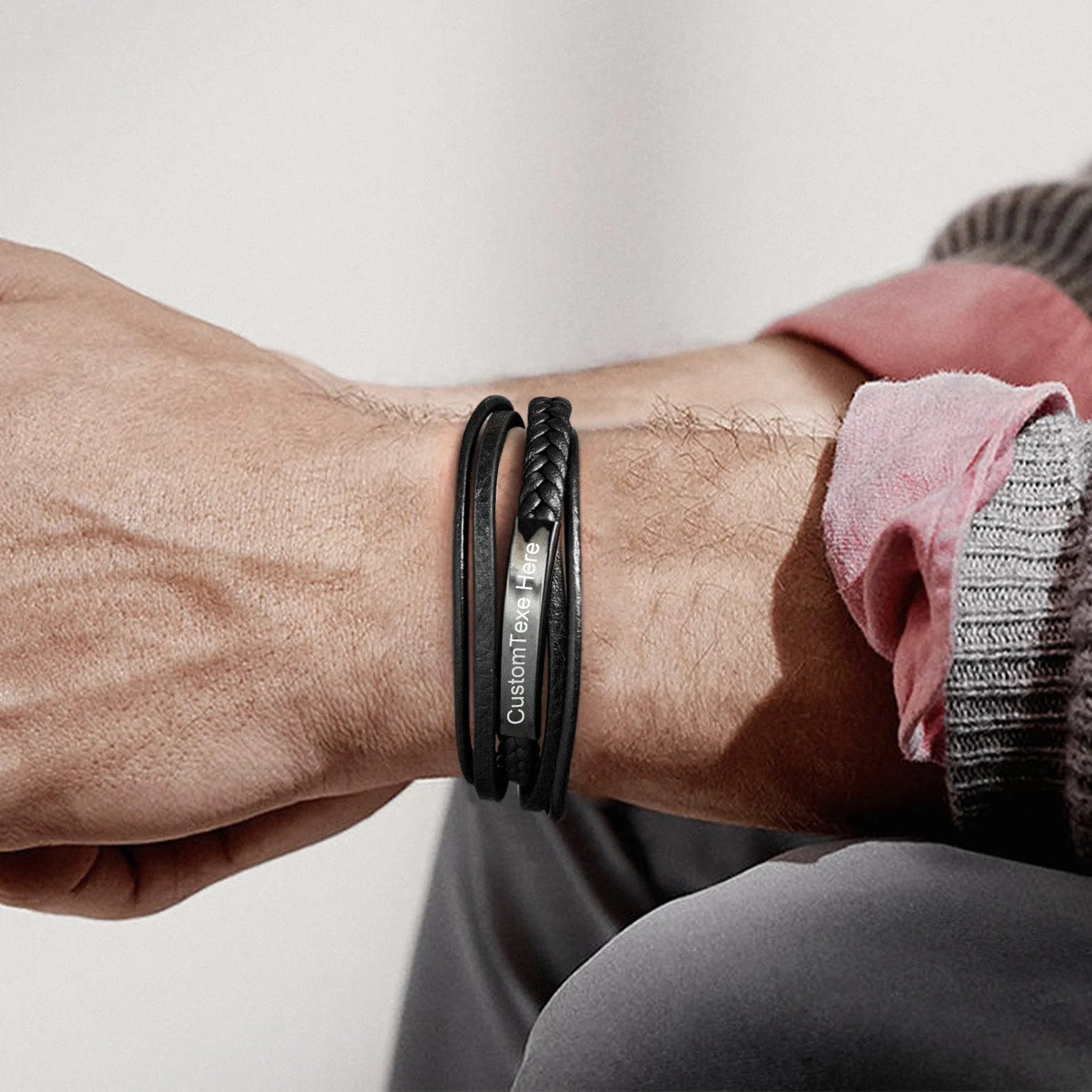 Custom ID Braided Leather Bracelet for Men Son Dad Husband