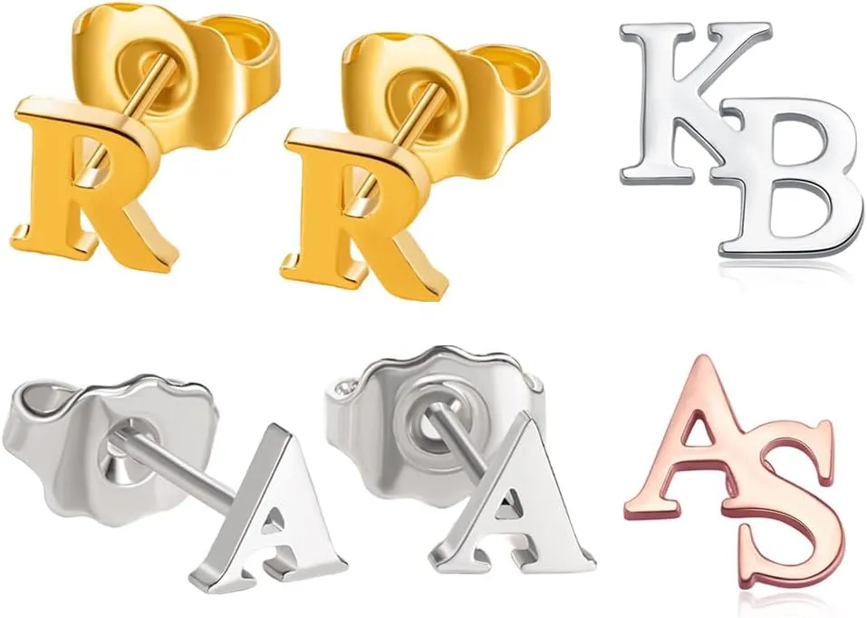 Custom One or Two Initials Stud Earrings for Women Silver Gold Small Letter Earrings Personalized Double Initial Stud Earrings Womens Sterling Silver Stud Earring Cute 1 or 2 Letter Earrings Studs
