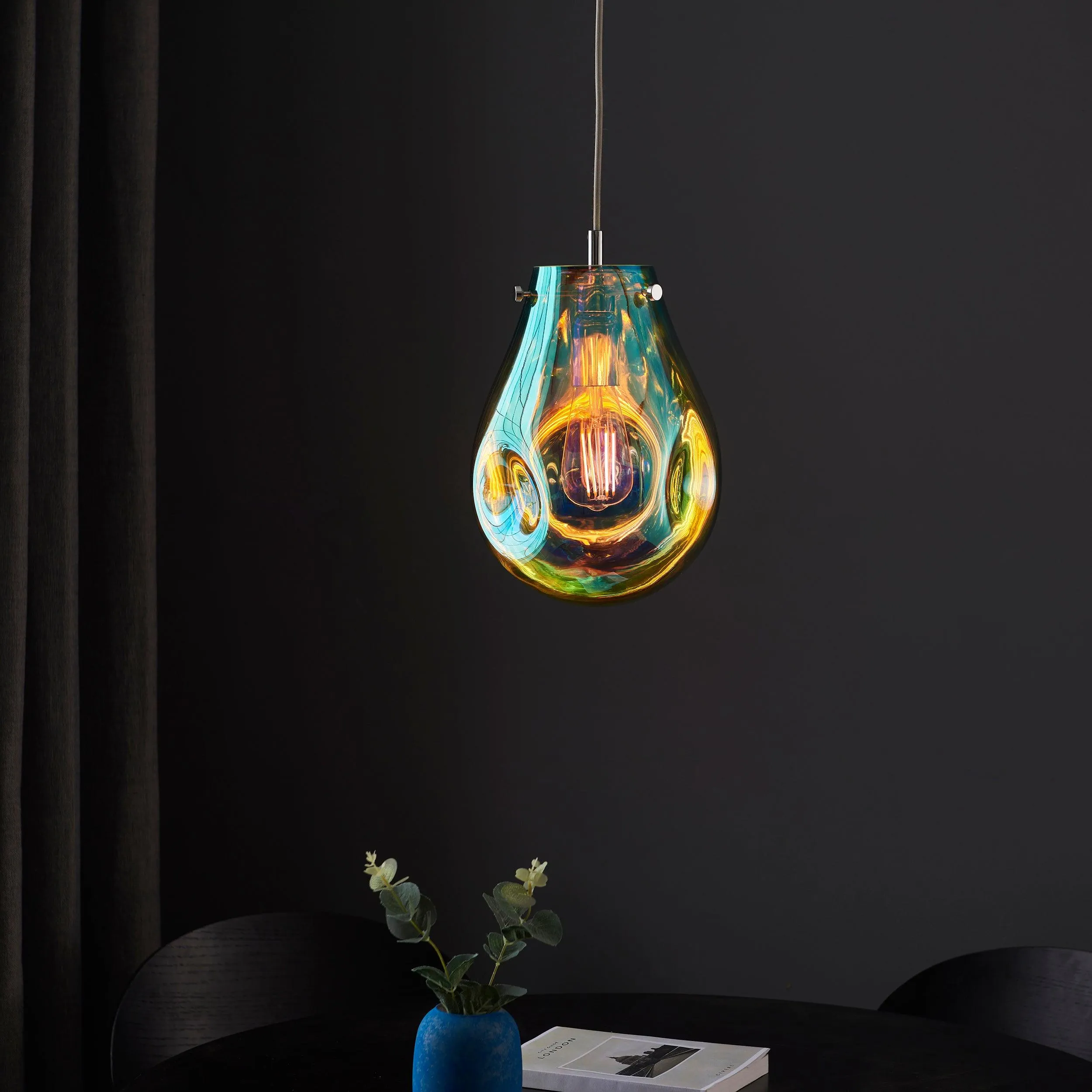 Dazzle Medium Petrol Glass & Chrome Ceiling Pendant Light