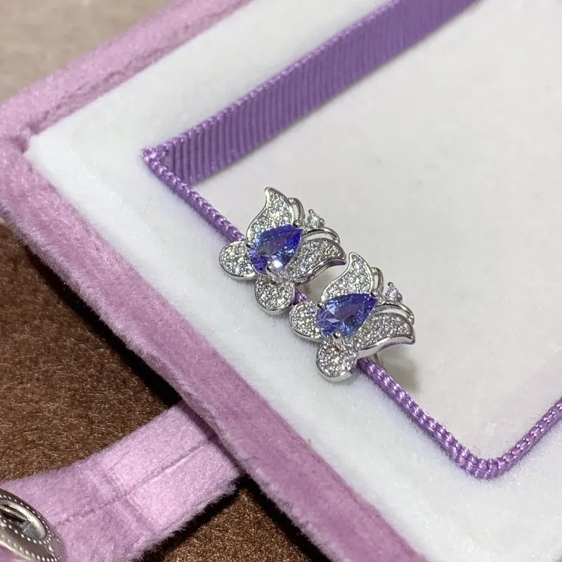 Elegant Natural Butterfly Stud Earrings with Pear-Shaped Tanzanite and CZ - 925 Silver - Perfect for Women - 4x6 mm Tanzanite from Tanzania - Heated Treatment - Dimensions: 1x1 cm
