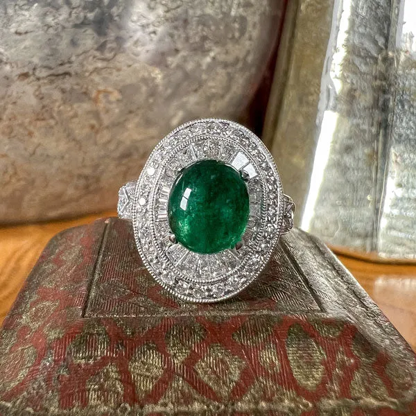 Estate Cabochon Emerald & Diamond Cluster Ring