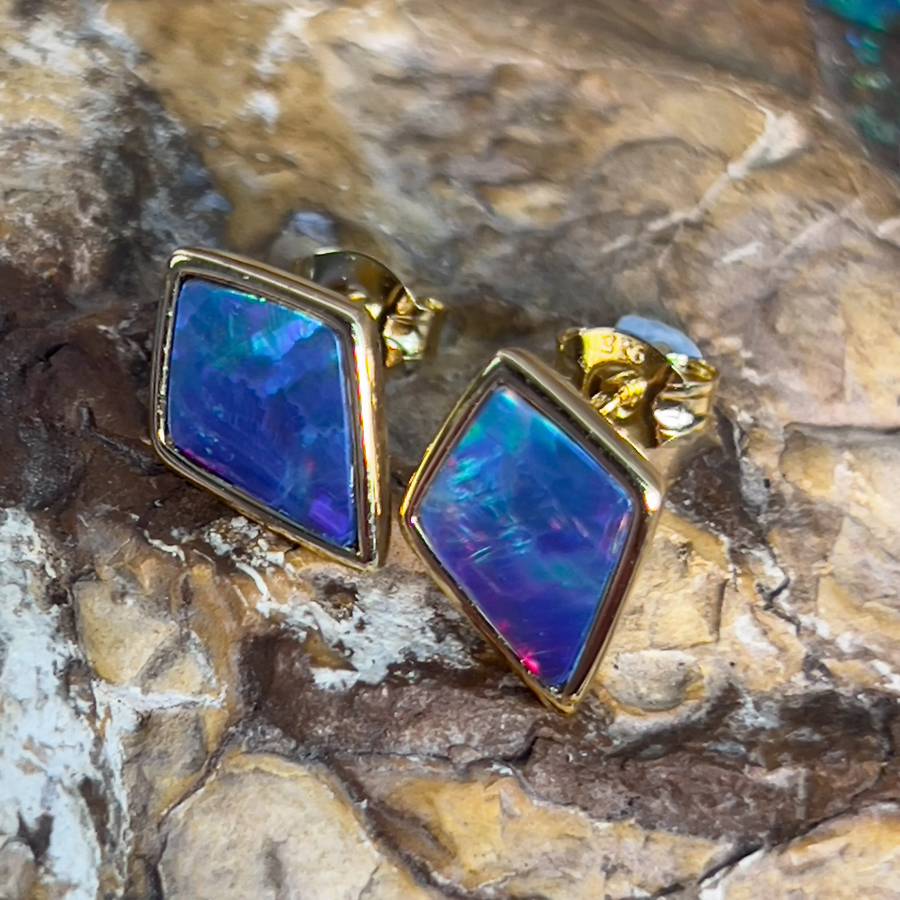 Gold plated silver diamond shape Opal doublet earring studs