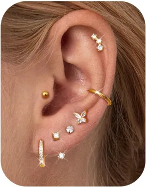 Jstyle Hypoallergenic Surgical Steel Earrings for Women 14K Gold Earring Stack Set Stainless Steel Stud Earrings Dainty Huggie Hoop Cartilage Earring Sets for Multiple Piercing