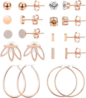 LOYALLOOK 10Pairs Rose Gold Plated Stud Earrings for Women Ball CZ Bar Stud Earrings Flower Earrings Stainless Steel Large Hoop Earring Set