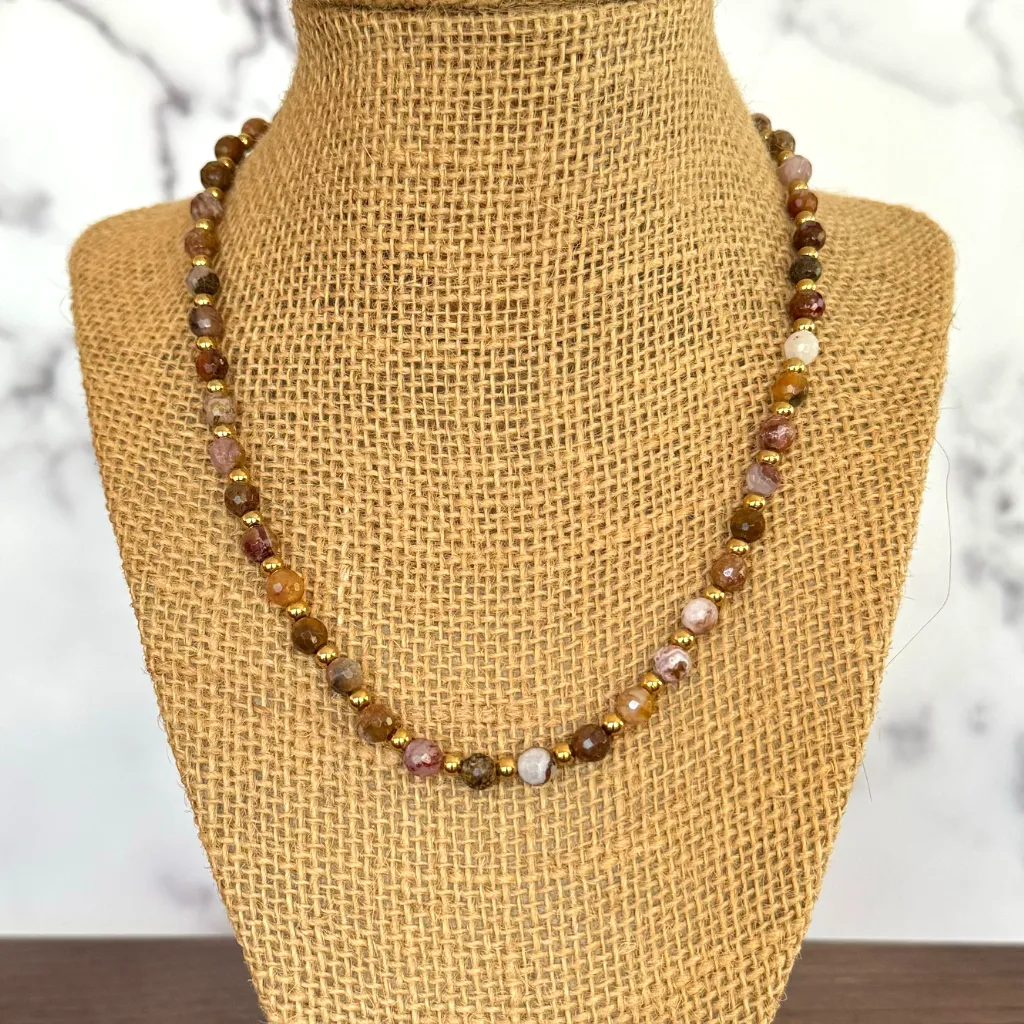 Mens Aqua Nueva Agate and Gold Beaded Necklace
