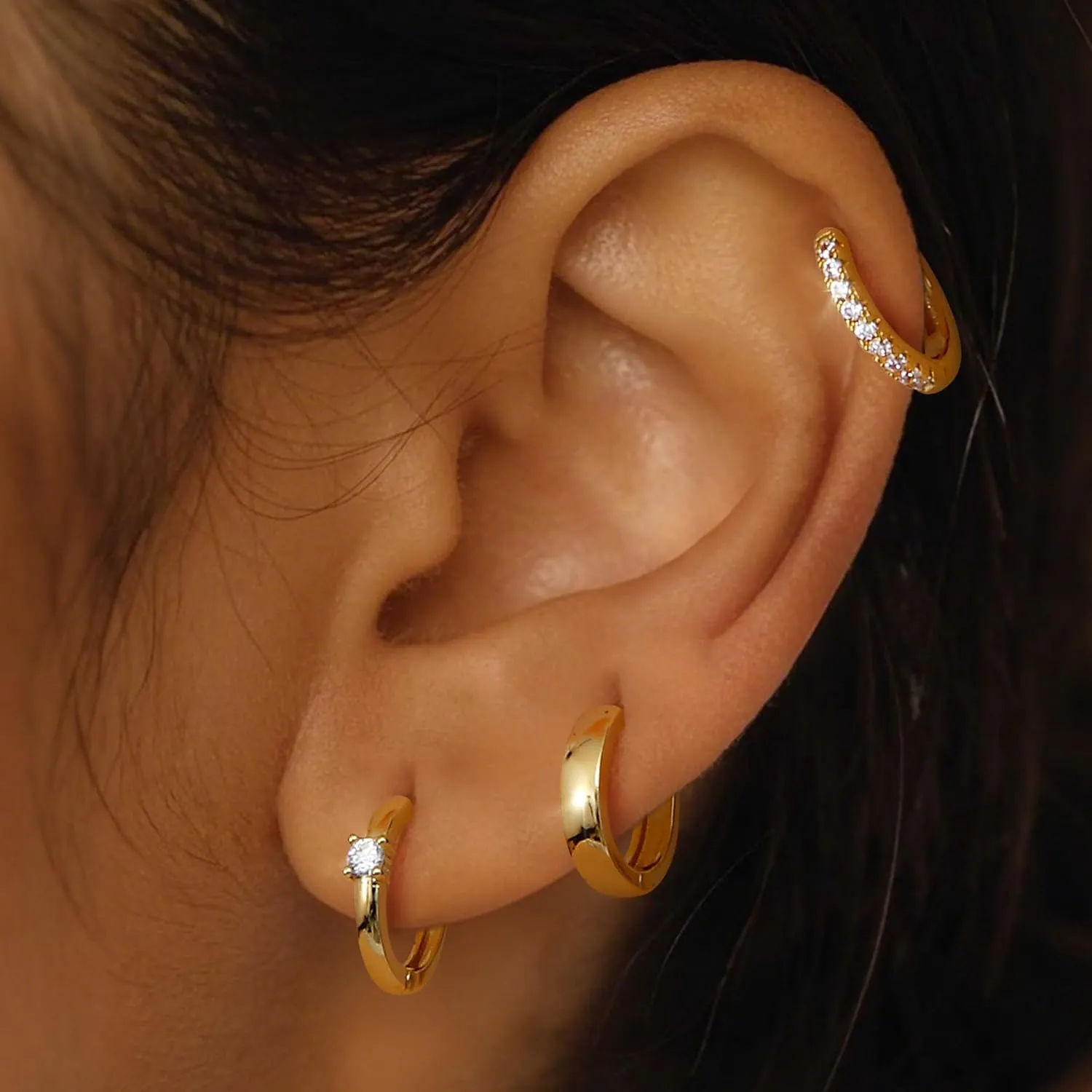 MILACOLATO 3 Pairs Gold Hoop Earrings for Women 14K Gold Filled 925 Sterling Silver Post Small Chunky Gold Hoop Earrings Hypoallergenic Trendy Gold Huggie Earrings Stacks for Multiple Piercing