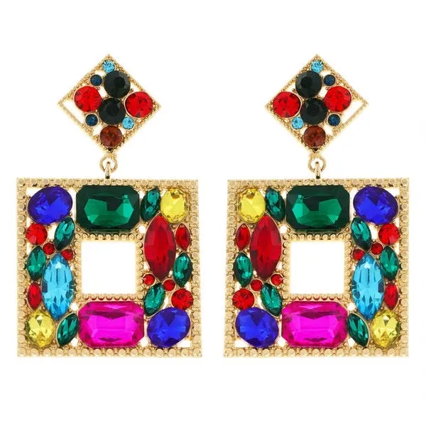 Multicolor Open Square Crystal Cluster Earring