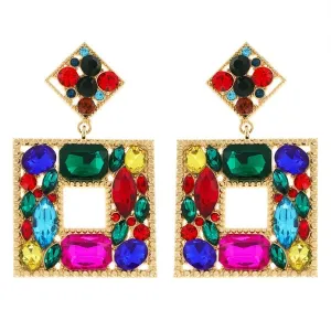 Multicolor Open Square Crystal Cluster Earring