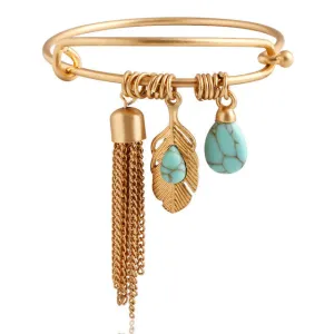 Punk Vintage Turquoise Tassel Bangle pulseras Alloy Gold Color Classic Leaf Feather Bangles Fine Jewelry