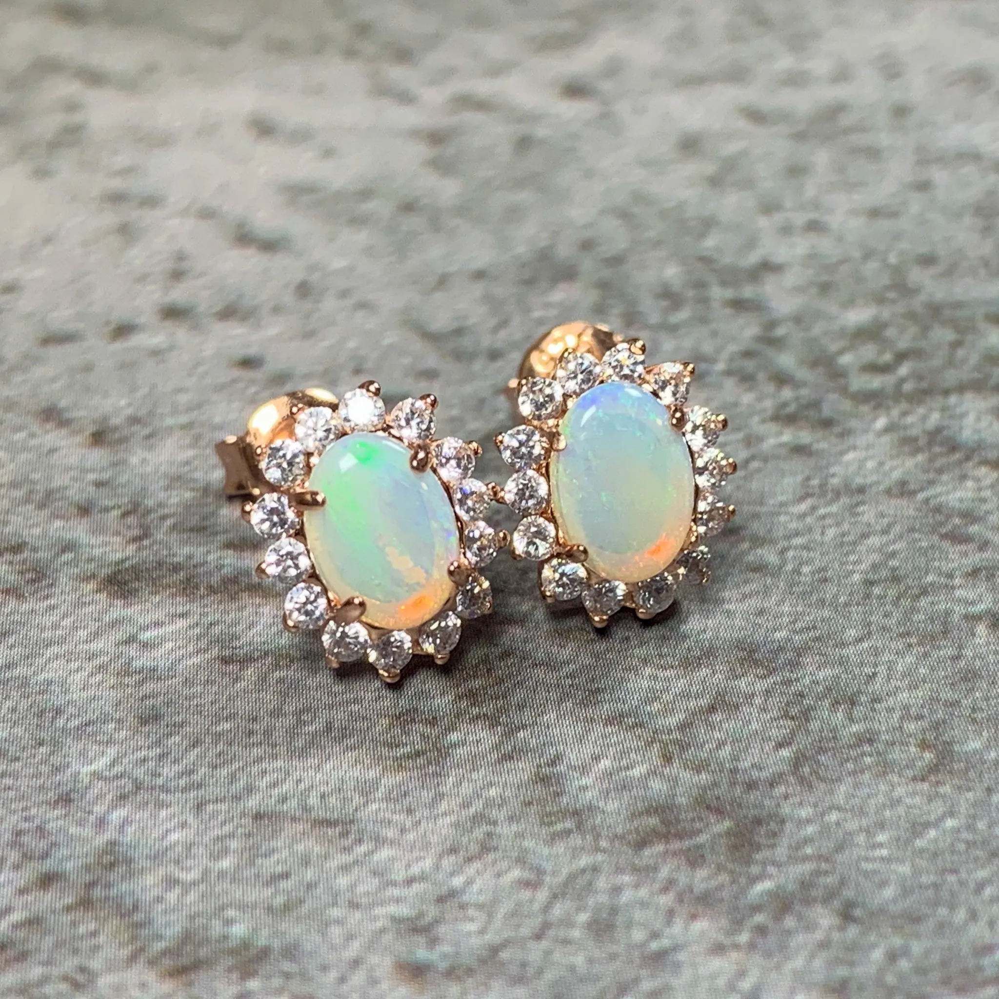 Rose Gold plated silver 7x5mm White Opal cluster earrings