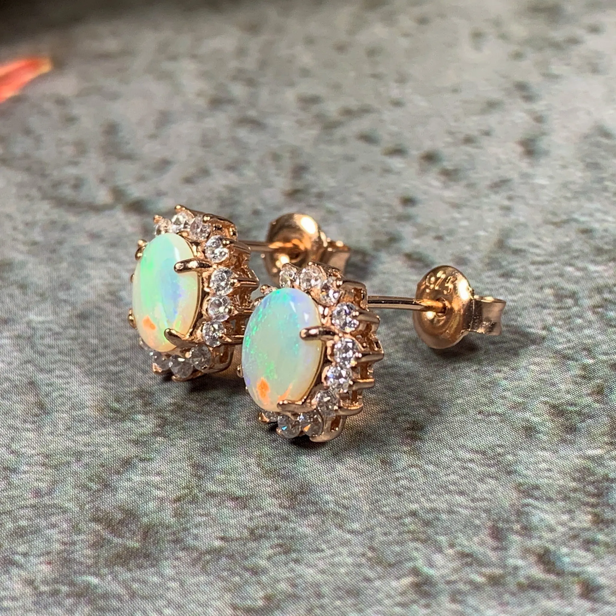 Rose Gold plated silver 7x5mm White Opal cluster earrings