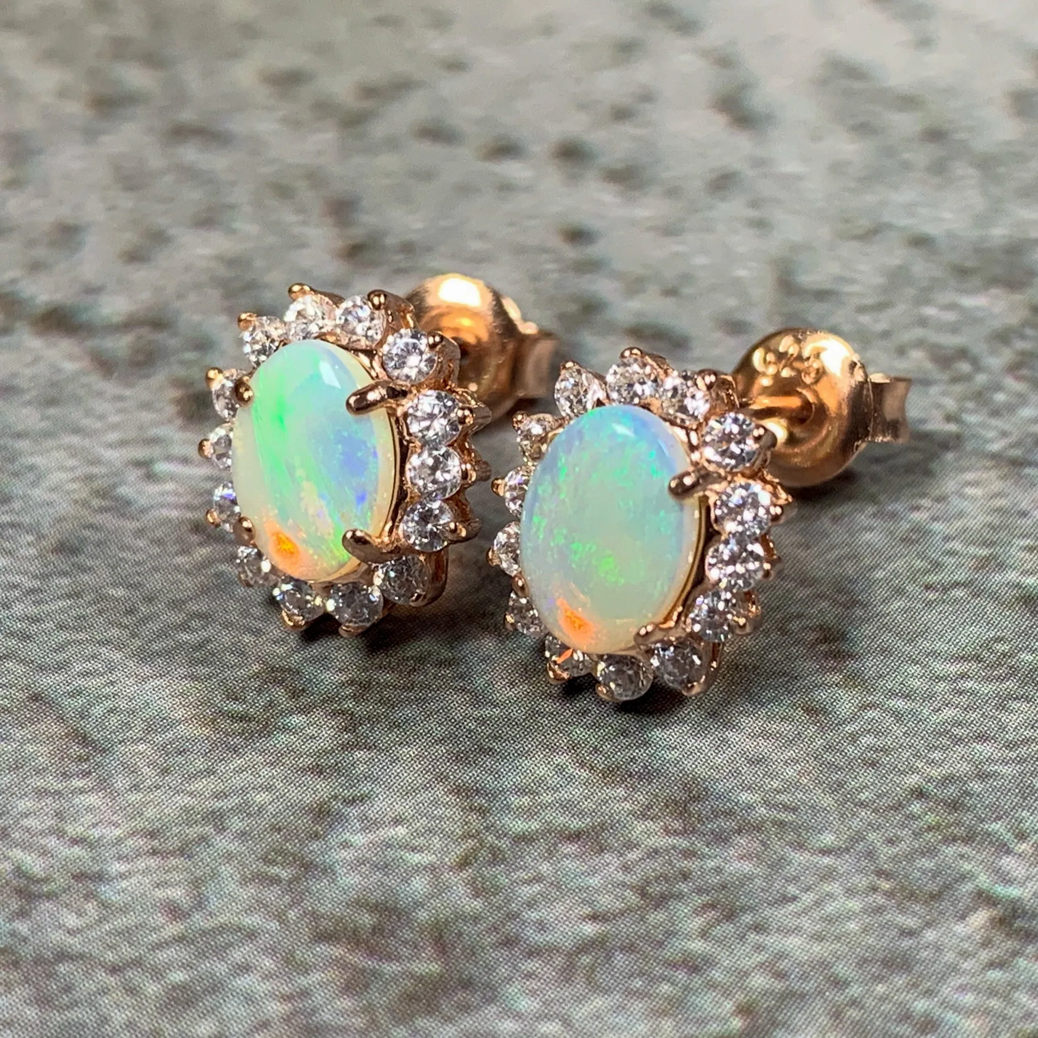 Rose Gold plated silver 7x5mm White Opal cluster earrings
