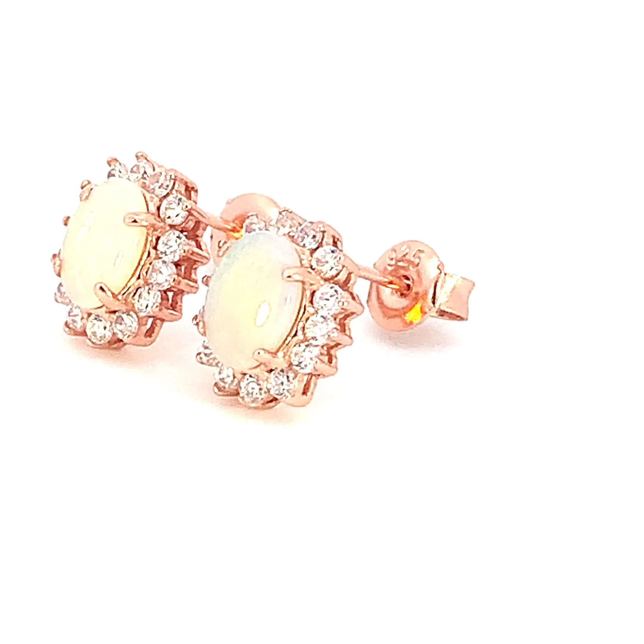 Rose Gold plated silver 7x5mm White Opal cluster earrings