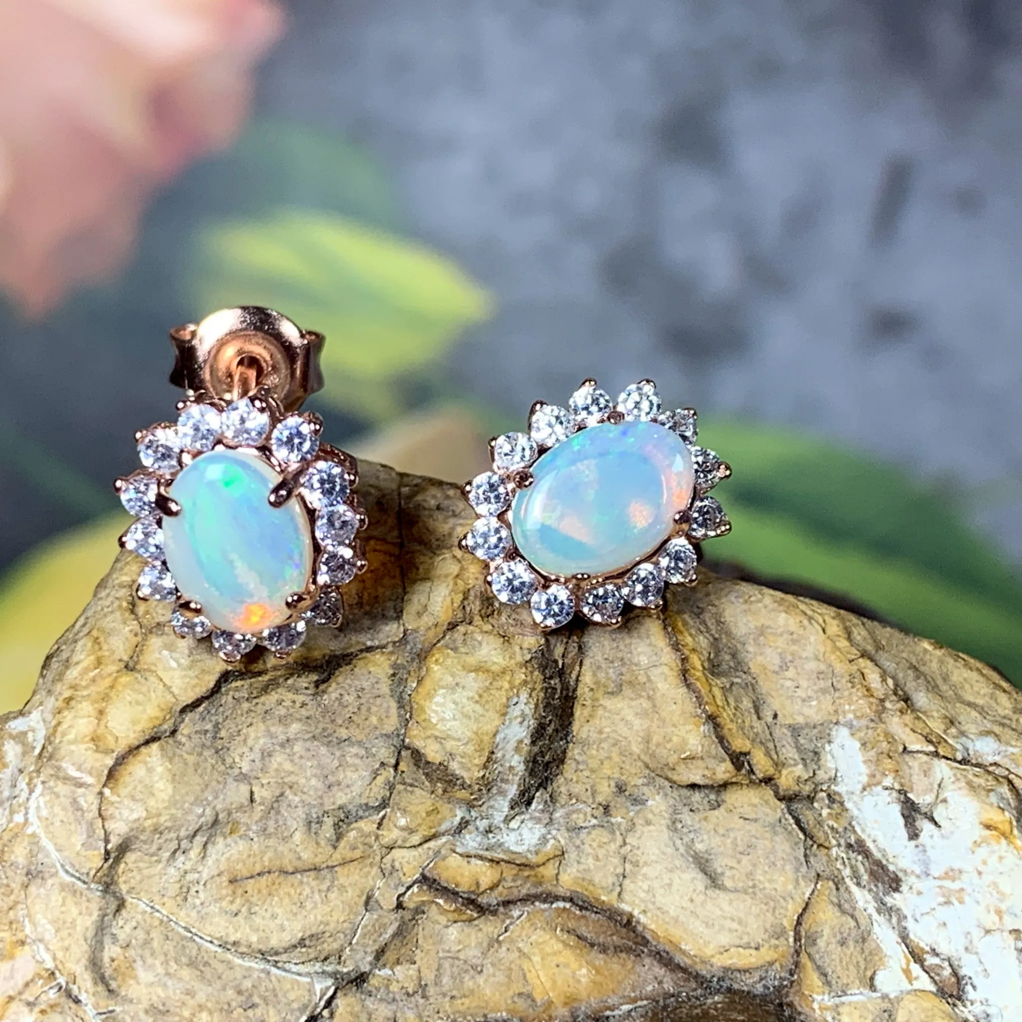 Rose Gold plated silver 7x5mm White Opal cluster earrings