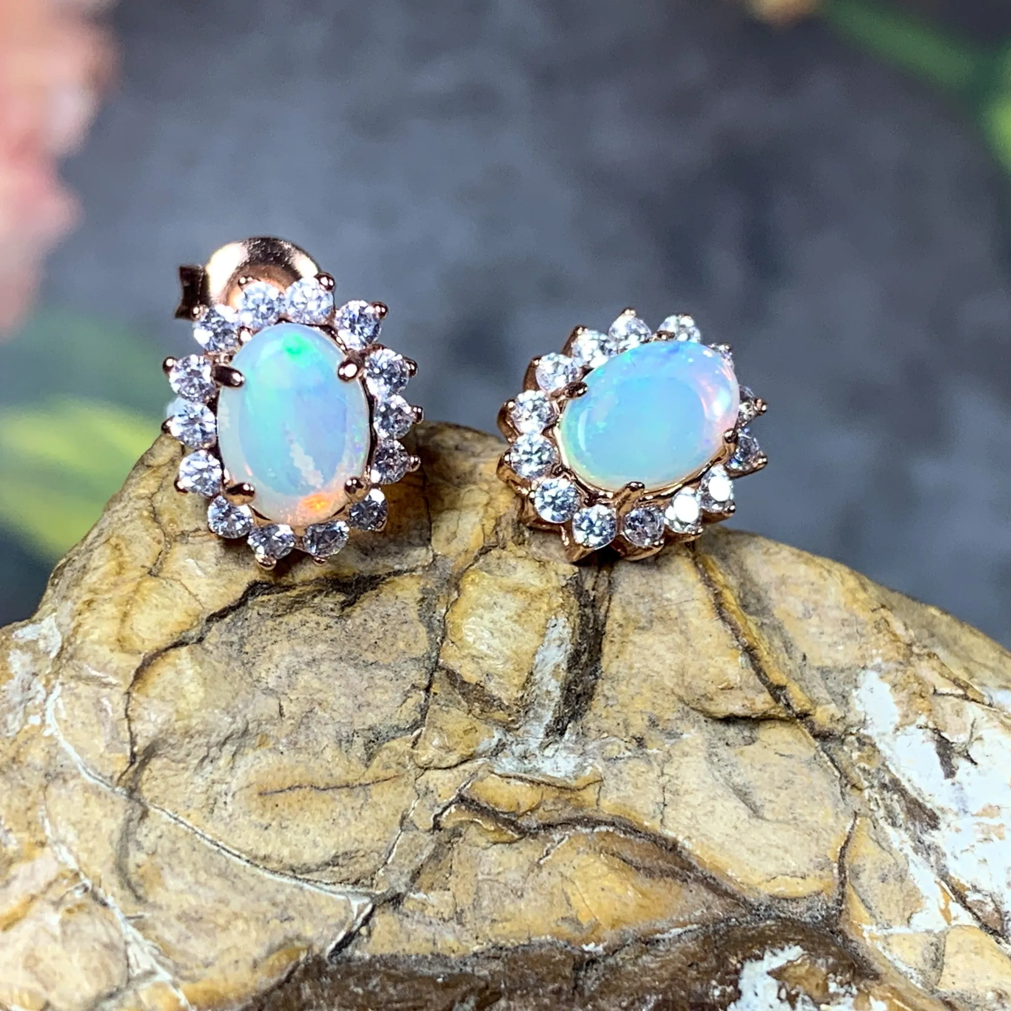 Rose Gold plated silver 7x5mm White Opal cluster earrings