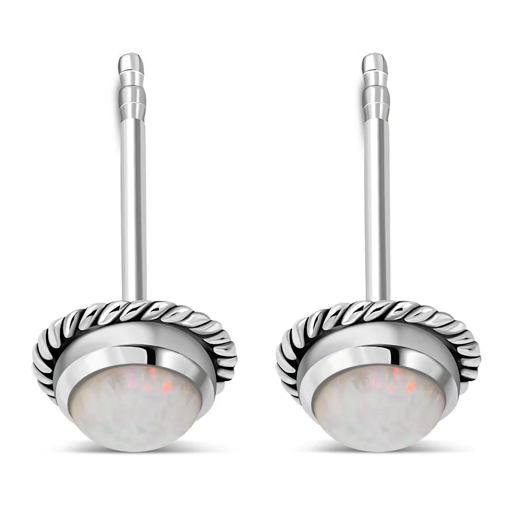 Round Synthetic Sun & Ice Opal Stud Silver Earrings