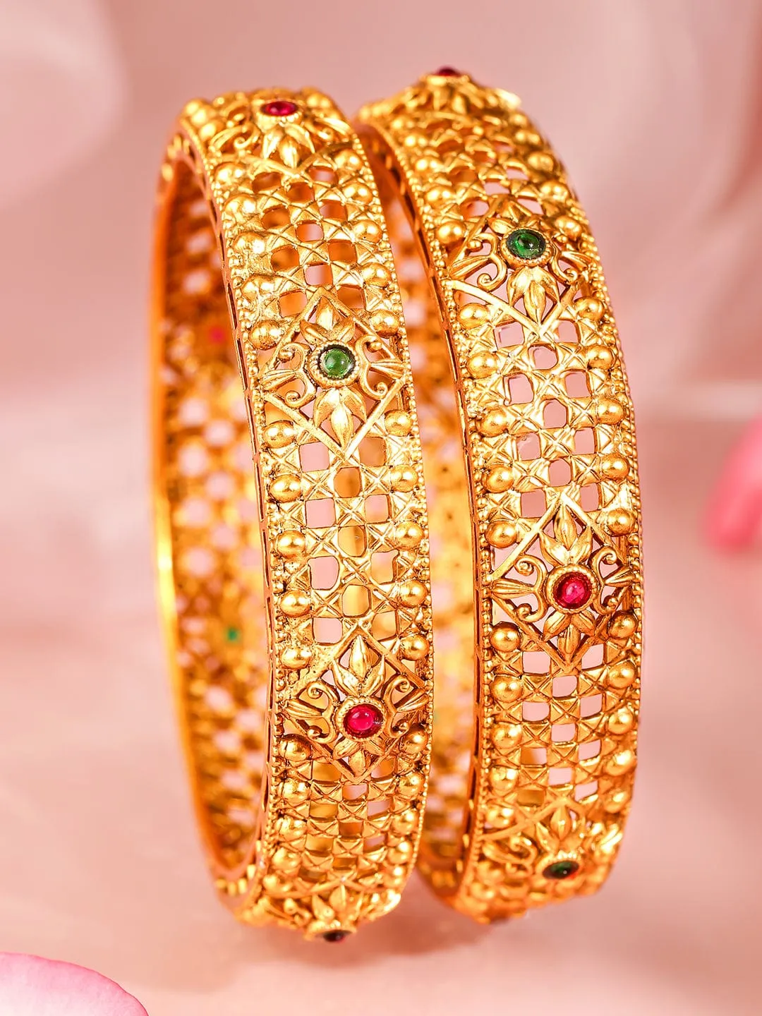 Rubans Set Of 2 Ruby Stone-Studded 22KT Gold-Plated Bangles