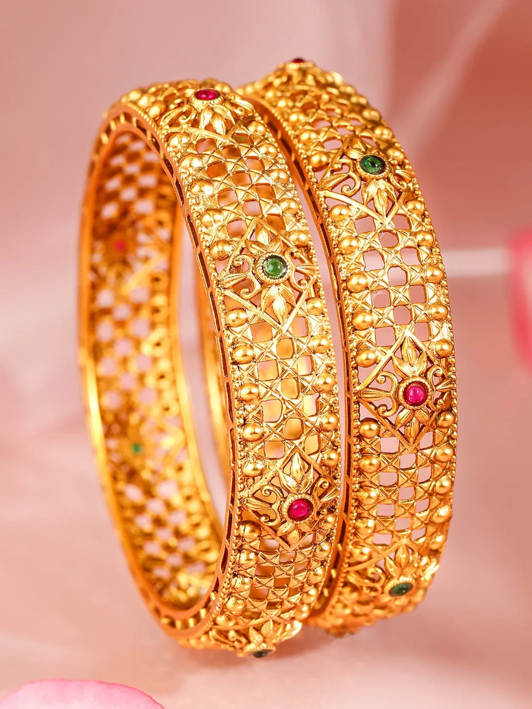 Rubans Set Of 2 Ruby Stone-Studded 22KT Gold-Plated Bangles