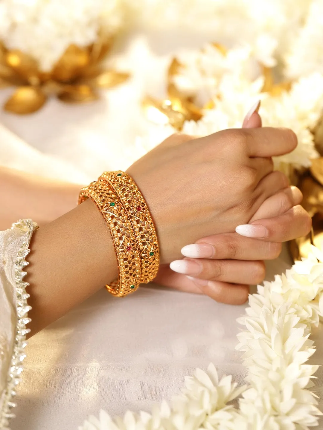 Rubans Set Of 2 Ruby Stone-Studded 22KT Gold-Plated Bangles