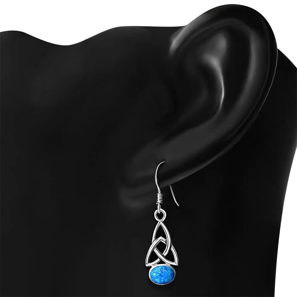 Synthetic Blue Opal Trinity Knot Silver Earrings